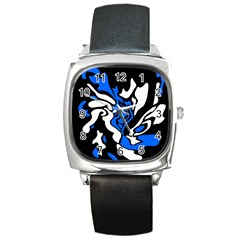 Blue, Black And White Decor Square Metal Watch by Valentinaart