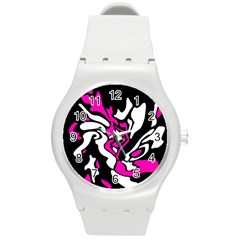 Magenta, black and white decor Round Plastic Sport Watch (M)