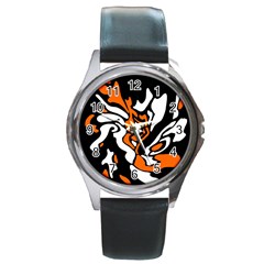 Orange, white and black decor Round Metal Watch