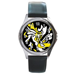 Yellow, Black And White Decor Round Metal Watch by Valentinaart