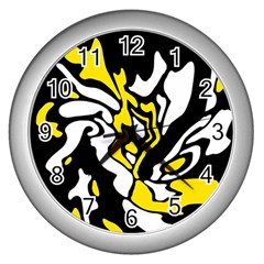 Yellow, Black And White Decor Wall Clocks (silver)  by Valentinaart