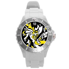 Yellow, Black And White Decor Round Plastic Sport Watch (l) by Valentinaart