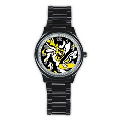 Yellow, Black And White Decor Stainless Steel Round Watch by Valentinaart