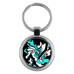 Cyan, Black And White Decor Key Chains (round)  by Valentinaart