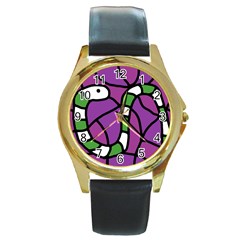 Green Snake Round Gold Metal Watch by Valentinaart