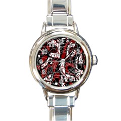 Red Black And White Abstract High Art Round Italian Charm Watch by Valentinaart