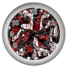 Red Black And White Abstract High Art Wall Clocks (silver)  by Valentinaart