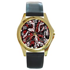 Red Black And White Abstract High Art Round Gold Metal Watch by Valentinaart