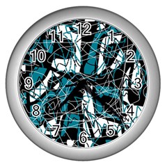 Blue, Black And White Abstract Art Wall Clocks (silver)  by Valentinaart