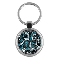 Blue, Black And White Abstract Art Key Chains (round)  by Valentinaart