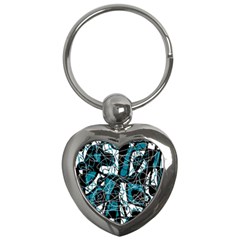 Blue, Black And White Abstract Art Key Chains (heart)  by Valentinaart