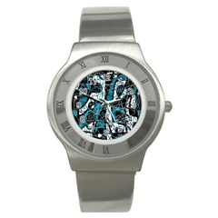 Blue, Black And White Abstract Art Stainless Steel Watch by Valentinaart