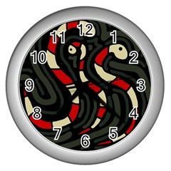 Red Snakes Wall Clocks (silver)  by Valentinaart