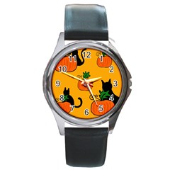 Halloween Pumpkins And Cats Round Metal Watch by Valentinaart