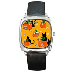 Halloween Pumpkins And Cats Square Metal Watch by Valentinaart