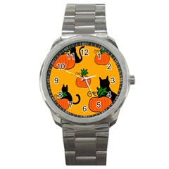 Halloween Pumpkins And Cats Sport Metal Watch by Valentinaart