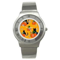 Halloween Pumpkins And Cats Stainless Steel Watch by Valentinaart