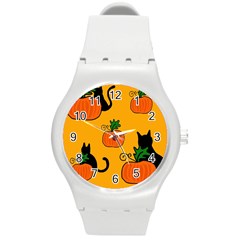 Halloween Pumpkins And Cats Round Plastic Sport Watch (m) by Valentinaart