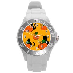 Halloween Pumpkins And Cats Round Plastic Sport Watch (l) by Valentinaart