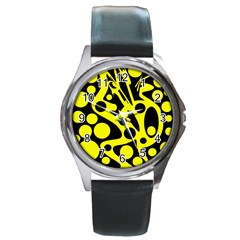 Black And Yellow Abstract Desing Round Metal Watch by Valentinaart