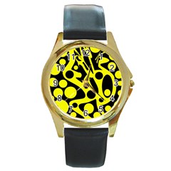 Black And Yellow Abstract Desing Round Gold Metal Watch by Valentinaart