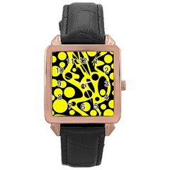 Black And Yellow Abstract Desing Rose Gold Leather Watch  by Valentinaart