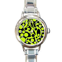 Green And Black Abstract Art Round Italian Charm Watch by Valentinaart