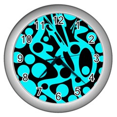 Cyan and black abstract decor Wall Clocks (Silver) 