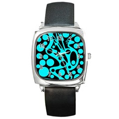 Cyan And Black Abstract Decor Square Metal Watch by Valentinaart