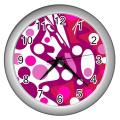 Magenta And White Decor Wall Clocks (silver)  by Valentinaart