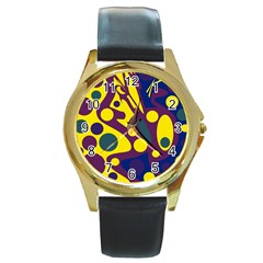 Deep Blue And Yellow Decor Round Gold Metal Watch by Valentinaart