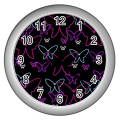 Purple Butterflies Pattern Wall Clocks (silver)  by Valentinaart