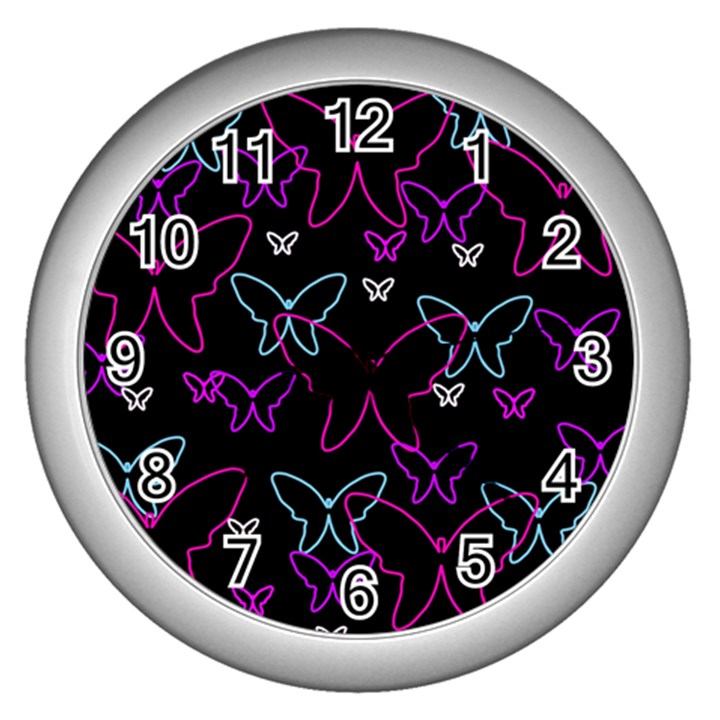 Purple butterflies pattern Wall Clocks (Silver) 