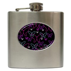 Purple Butterflies Pattern Hip Flask (6 Oz) by Valentinaart