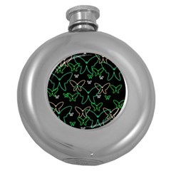 Green Butterflies Round Hip Flask (5 Oz) by Valentinaart