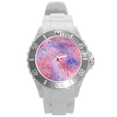 Galaxy Cotton Candy Pink And Blue Watercolor  Round Plastic Sport Watch (l) by CraftyLittleNodes