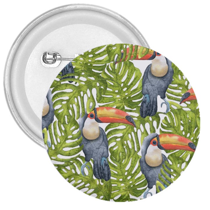 Tropical Print Leaves Birds Toucans Toucan Large Print 3  Buttons