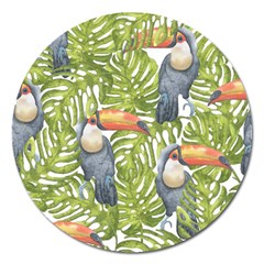 Tropical Print Leaves Birds Toucans Toucan Large Print Magnet 5  (round) by CraftyLittleNodes