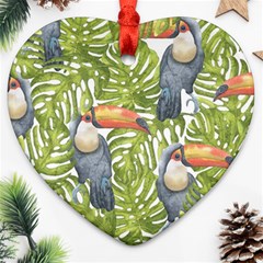 Tropical Print Leaves Birds Toucans Toucan Large Print Heart Ornament (2 Sides) by CraftyLittleNodes