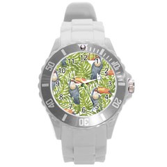 Tropical Print Leaves Birds Toucans Toucan Large Print Round Plastic Sport Watch (l) by CraftyLittleNodes