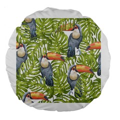 Tropical Print Leaves Birds Toucans Toucan Large Print Large 18  Premium Round Cushions by CraftyLittleNodes