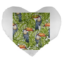 Tropical Print Leaves Birds Toucans Toucan Large Print Large 19  Premium Heart Shape Cushions by CraftyLittleNodes