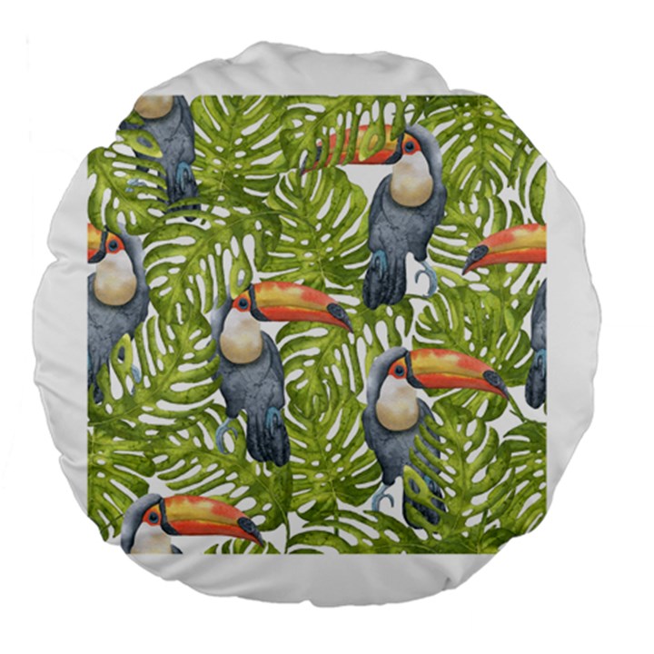 Tropical Print Leaves Birds Toucans Toucan Large Print Large 18  Premium Flano Round Cushions