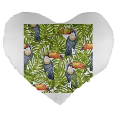 Tropical Print Leaves Birds Toucans Toucan Large Print Large 19  Premium Flano Heart Shape Cushions by CraftyLittleNodes