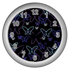 Blue Neon Butterflies Wall Clocks (silver)  by Valentinaart