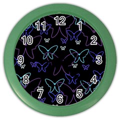 Blue Neon Butterflies Color Wall Clocks by Valentinaart