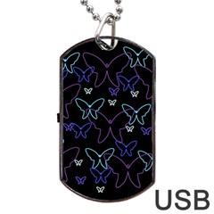 Blue Neon Butterflies Dog Tag Usb Flash (one Side) by Valentinaart