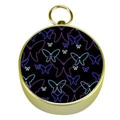 Blue Neon Butterflies Gold Compasses by Valentinaart