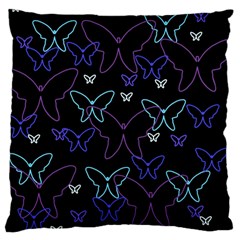 Blue Neon Butterflies Large Flano Cushion Case (one Side) by Valentinaart