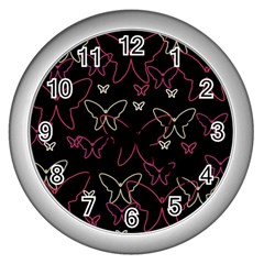 Pink Neon Butterflies Wall Clocks (silver)  by Valentinaart